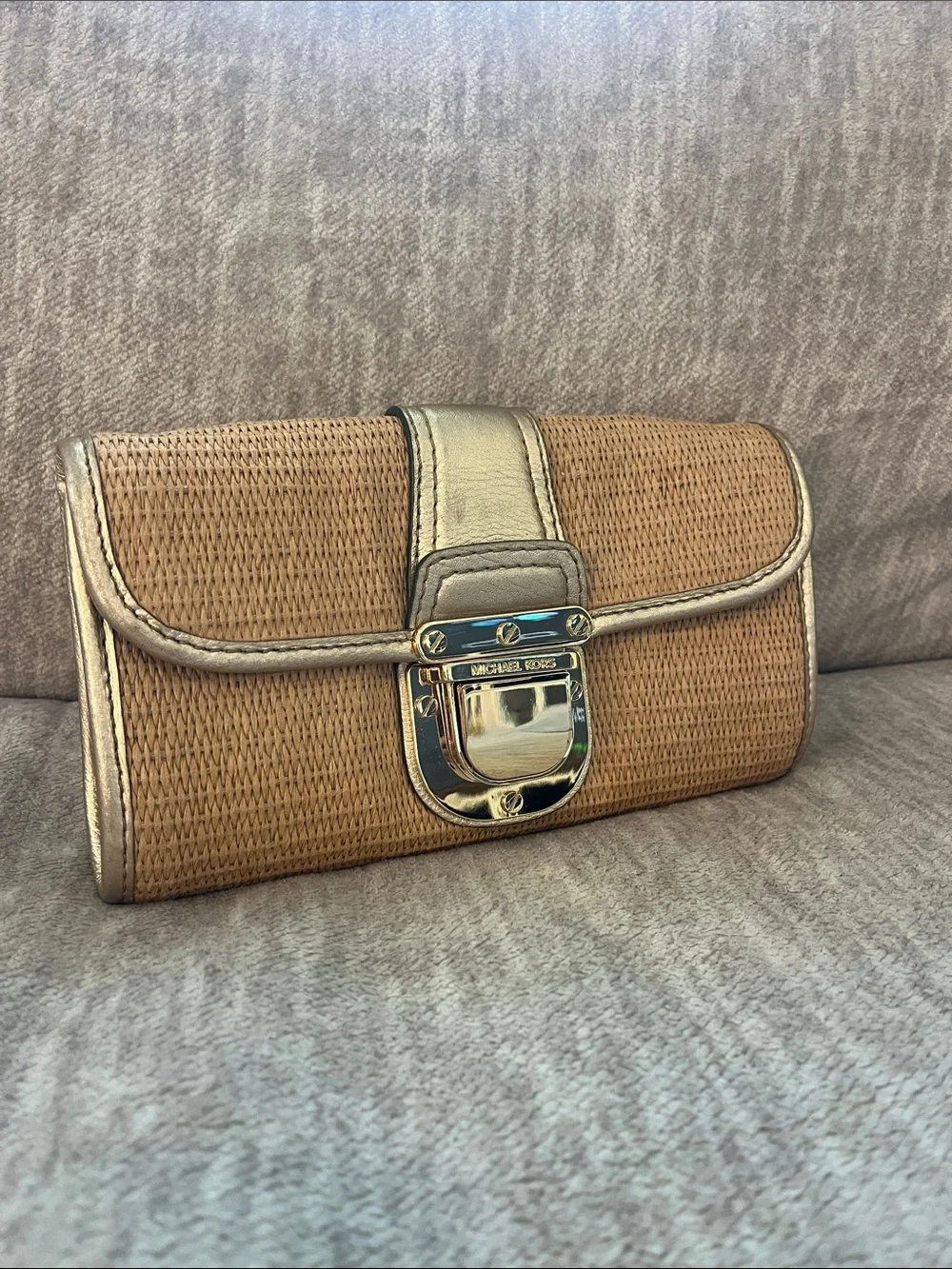 Michael Kors Tan Woven Clutch with Gold Trim